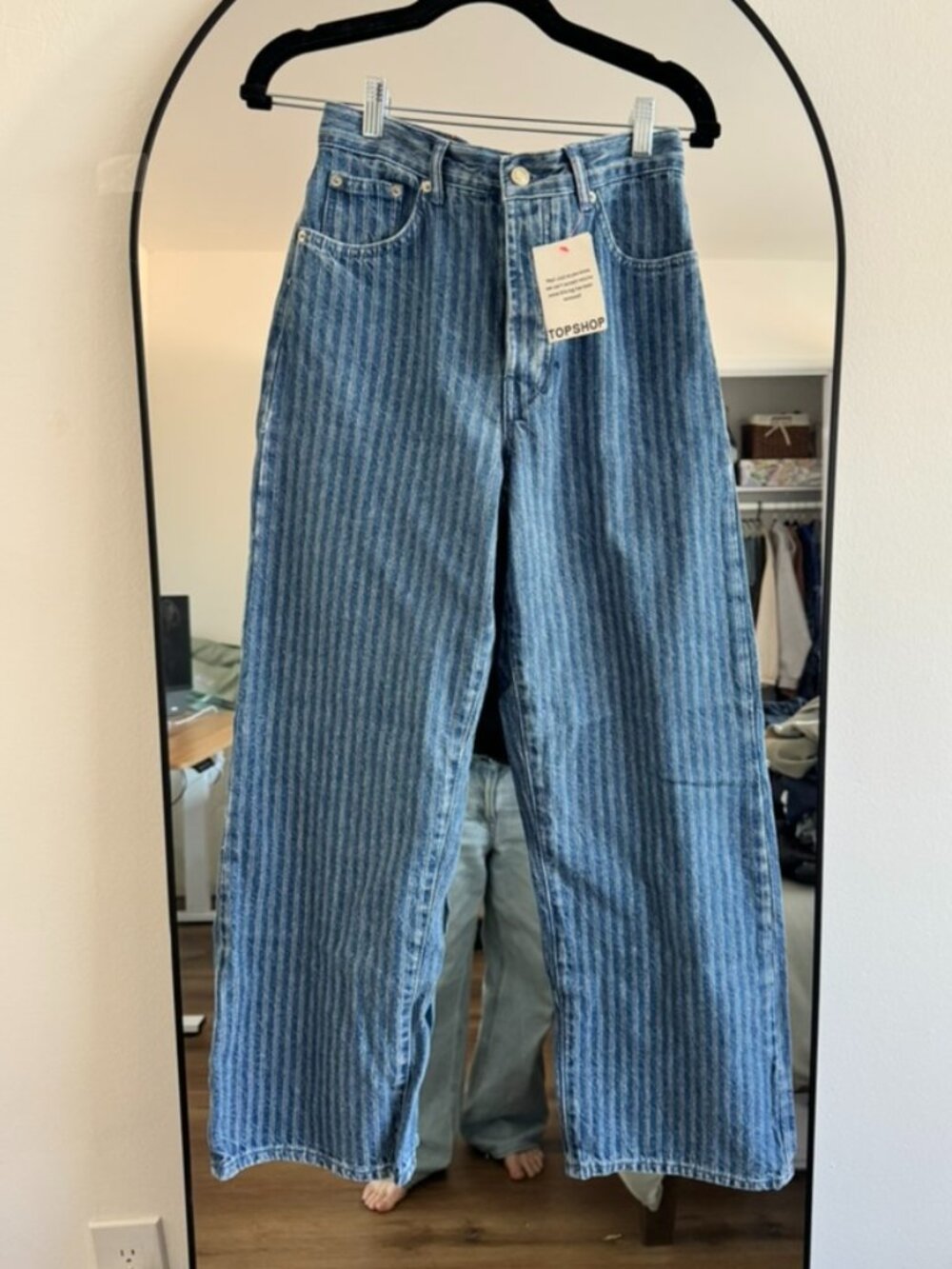 Topshop mid rise loose fit straight jeans in mid blue stripe